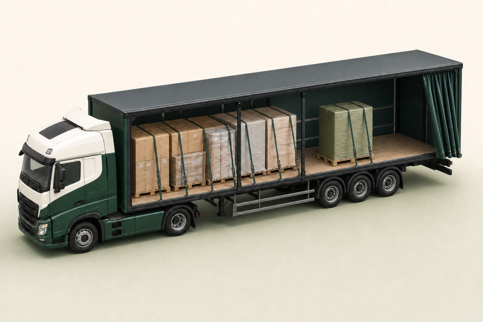 The same scheduled linehaul truck with one green-wrapped pallet added into its spare deck space