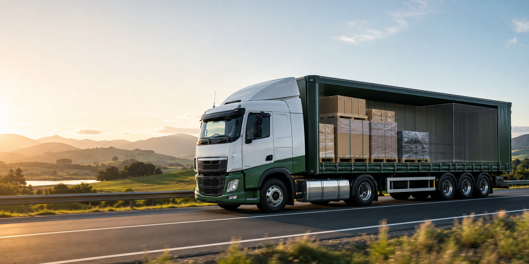 A linehaul truck using its available trailer space while travelling through New Zealand countryside